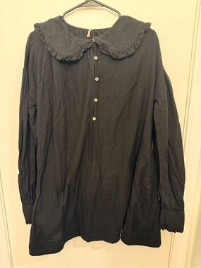Free People Black Ruffle Collar Button Front Blouse